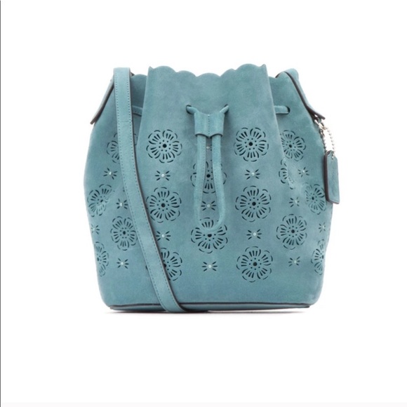 Coach Handbags - Coach Drawstring Suede Mini Bucket Bag blue